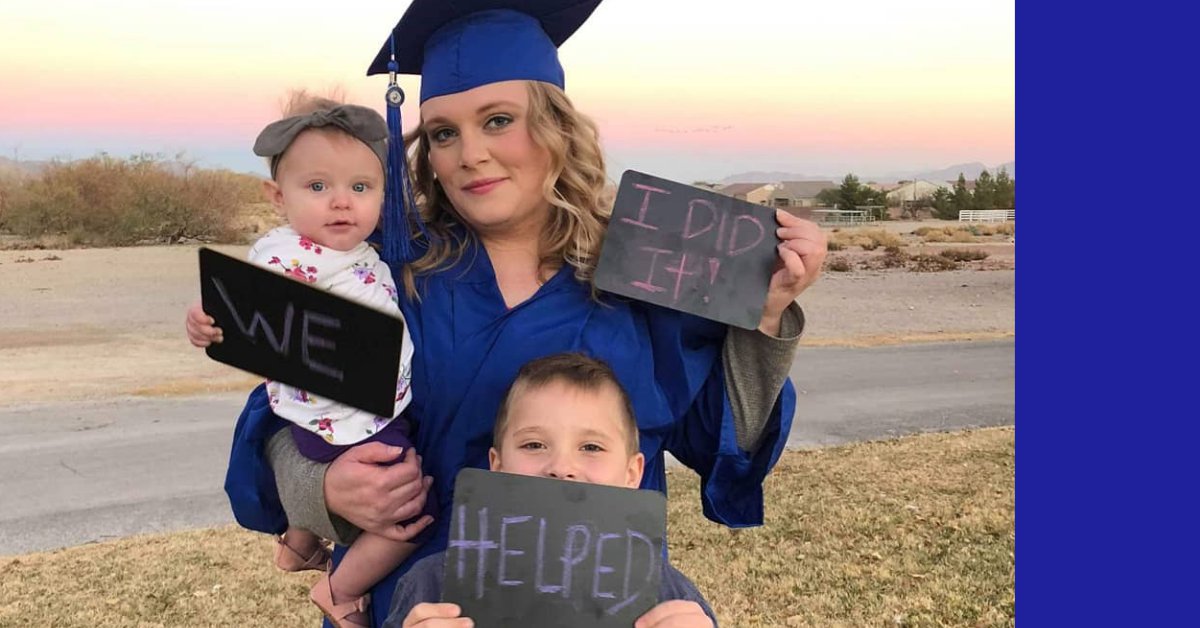 Jerica LeFevre in graduation robe, with her kids